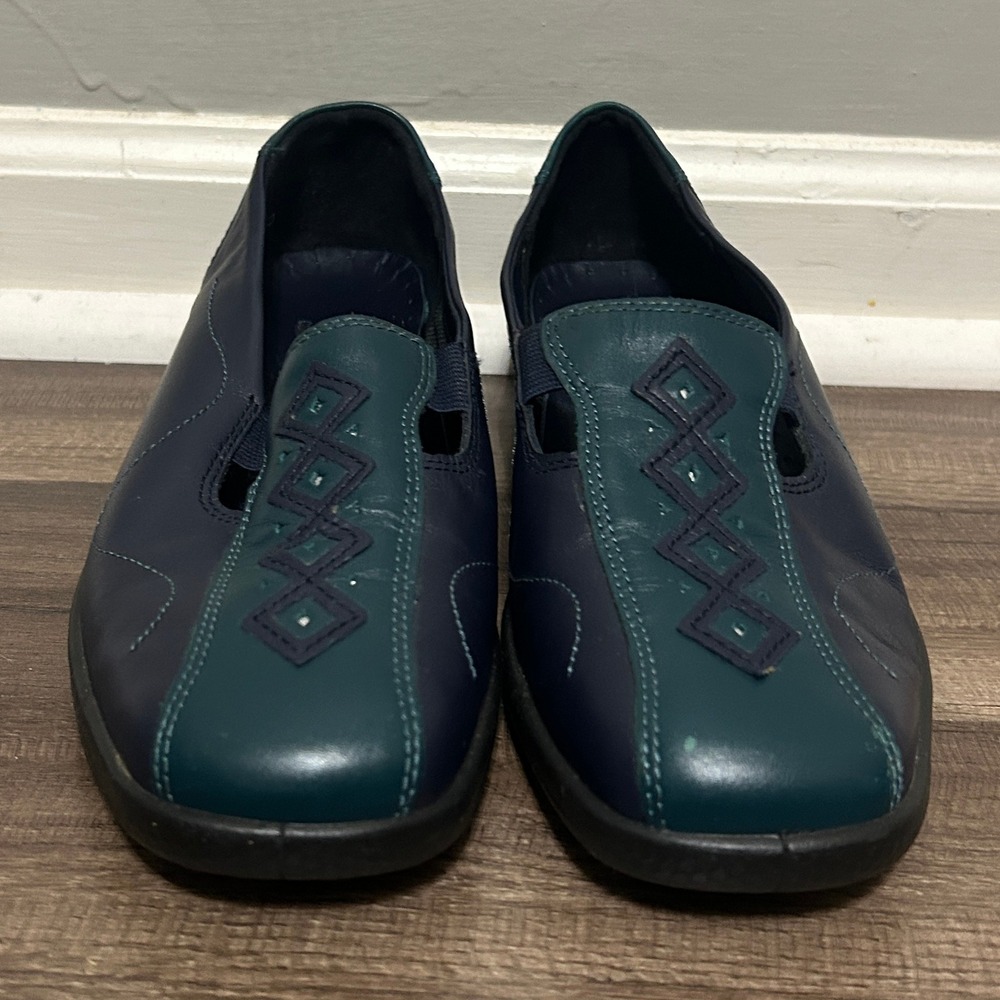Hotter Womens Loafers 7.5 Navy Teal Calypso Leather Comfort Slip On Mod Twee
